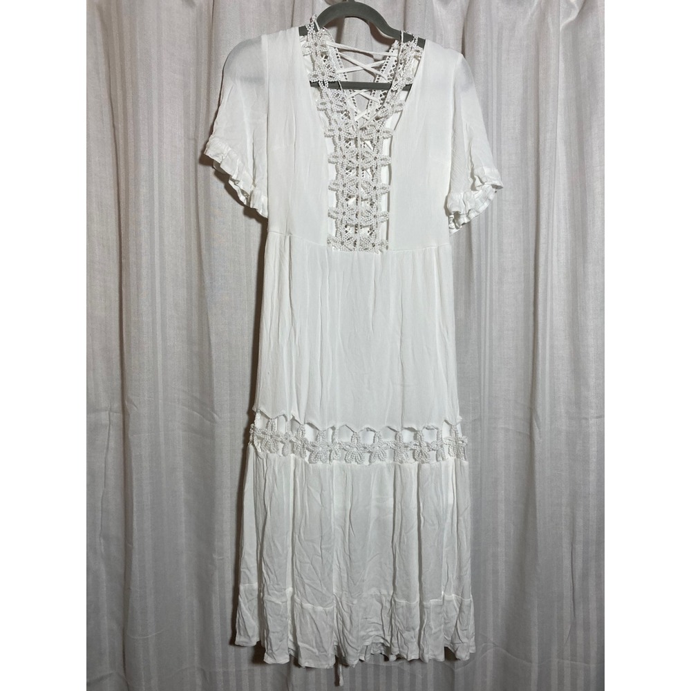 Romantic Boho Tiered Lace Up EillyBazar White Crochet Lace Maxi Dress S Womens